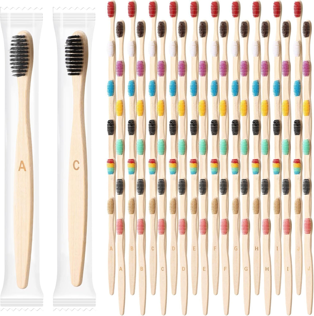 Sieral 120 Pcs 6.9 Inch Bamboo Toothbrush with Toothpaste Individually Wrapped Disposable Toothbrushes Travel Toothbrush Kit for Hotel Homeless Shelter Camping and Travel, 12 Colors