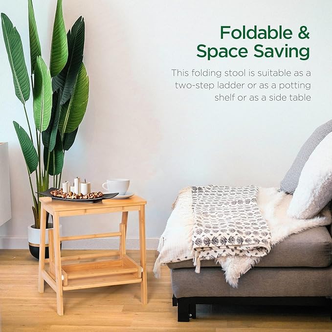 Bamboo Folding Climbing Step Stool, 2 Step Ladder Multi-Functional Stair Chair with Sturdy Structure, Non-Slip Step Pads, Wide Stepping Surface for Safety, Simple Folding Stool for Bathroom, Kitchen