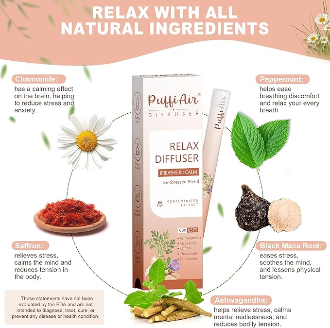 Relax Herbal Diffuser for Breathing in Calm丨De-Stress Blend with Ashwagandha, Maca Root, Saffron, Chamomile and Peppermint - Natural Ingredients, 600 Uses