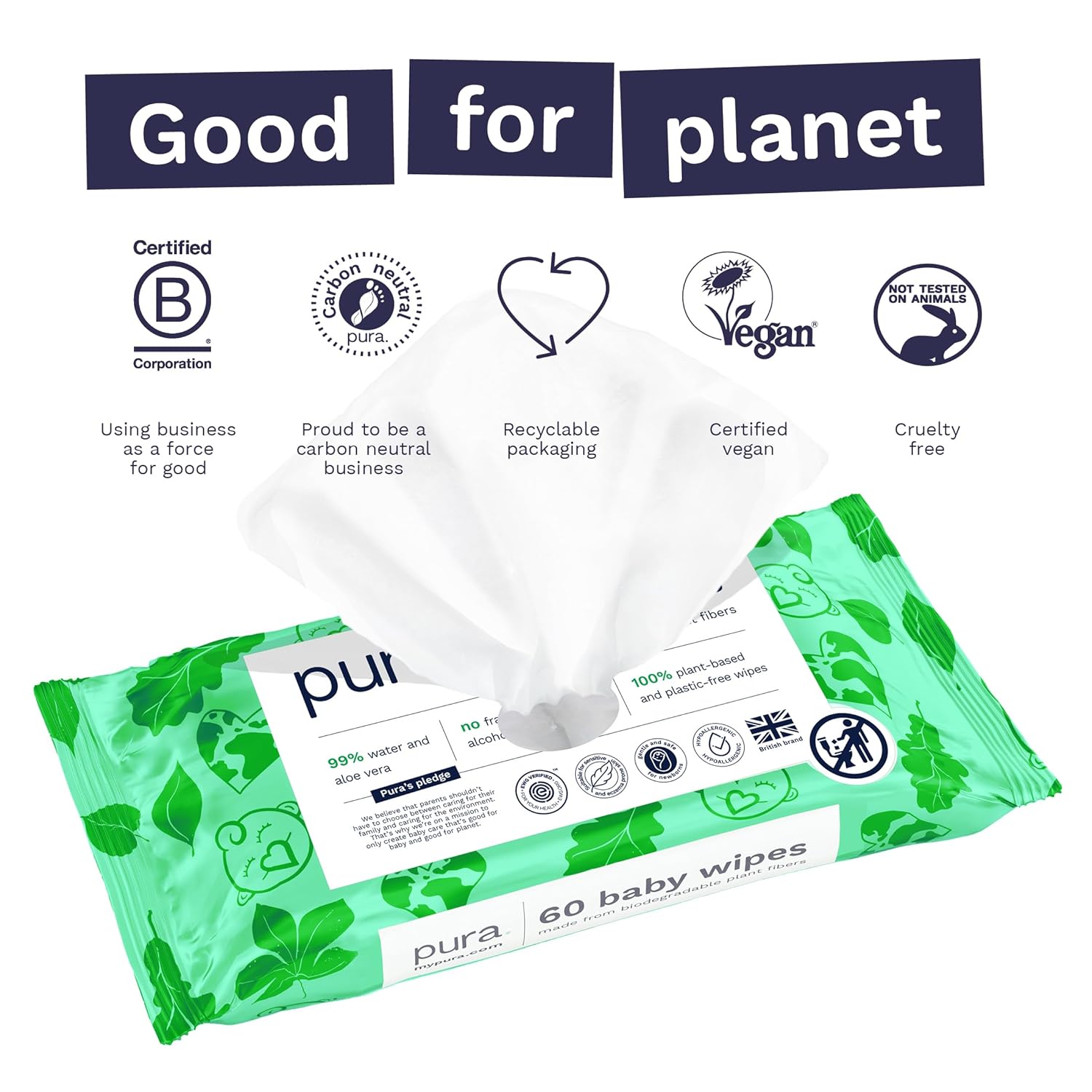 Pura Natural Sensitive Baby Wipes, 99% Water, Unscented & Hypoallergenic, Suitable for Sensitive & Eczema-prone Skin, Fragrance Free & Hypoallergenic, EWG Verified, 3 x 60 per pack (180 Wipes)