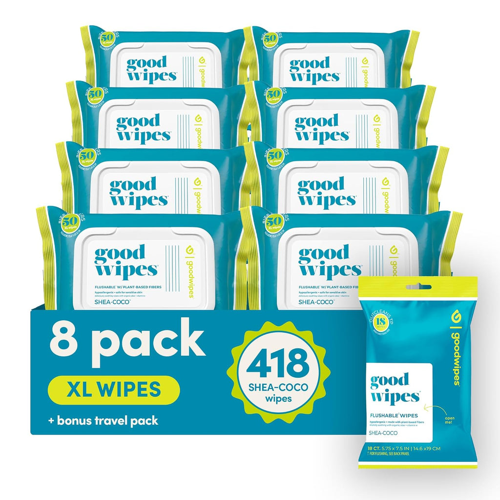 goodwipes Flushable Butt Wipes - Vitamin E & Aloe - Sewer & Septic Safe - Extra Large Adult Wet Wipes For Women & Men - Bathroom Essentials - Shea-Coco, 418 Count (8 Packs + 1 Travel)