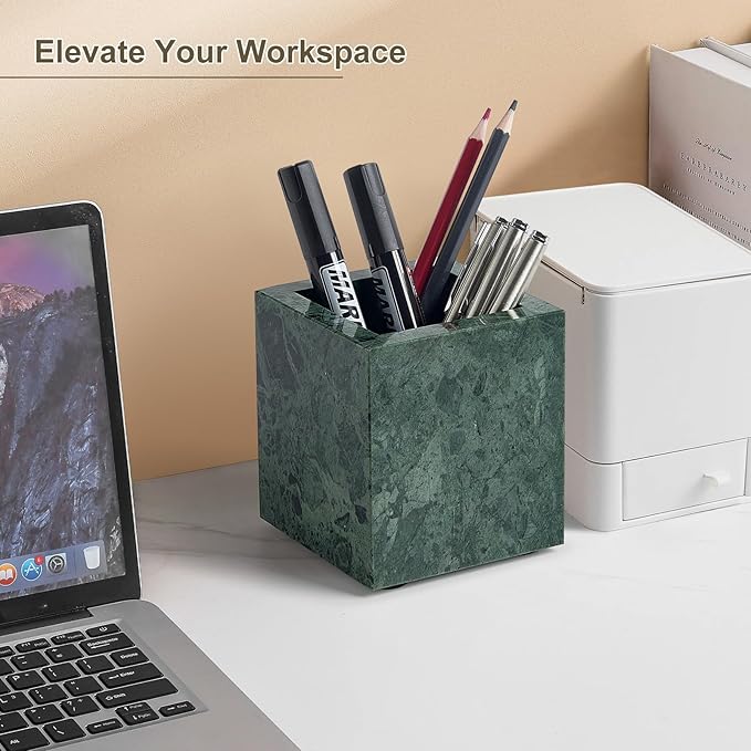 Real Natural Marble Toothbrush Holder & Pen Holder & Makeup Brush Holder, Genuine Stone Rectangular Bathroom Tumbler Cup, Durable Office & Home Countertop Organizer