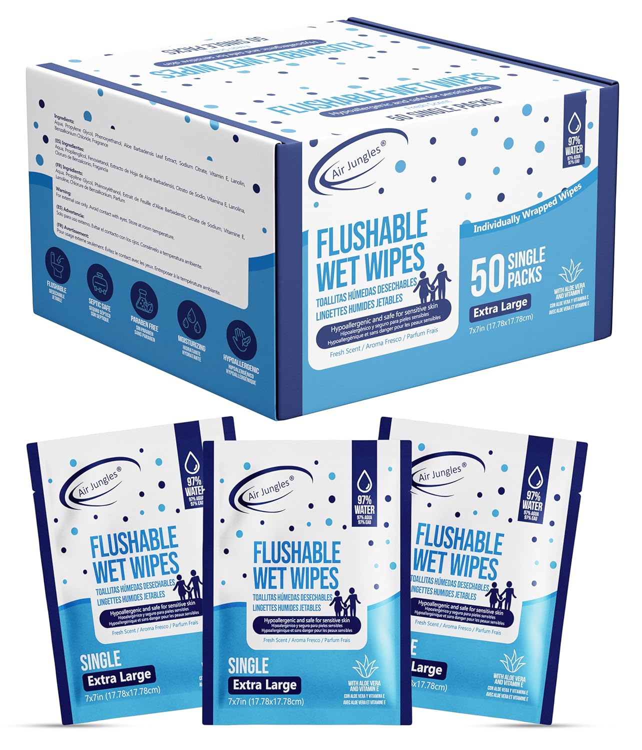 Air Jungles Flushable Wipes Individually Wrapped 50 Ct, with Aloe Vera & Vitamin E, Travel Size Wet Cleansing Wipes for Adult, Fresh Scent, Alcohol Free - XL 7 × 7 in
