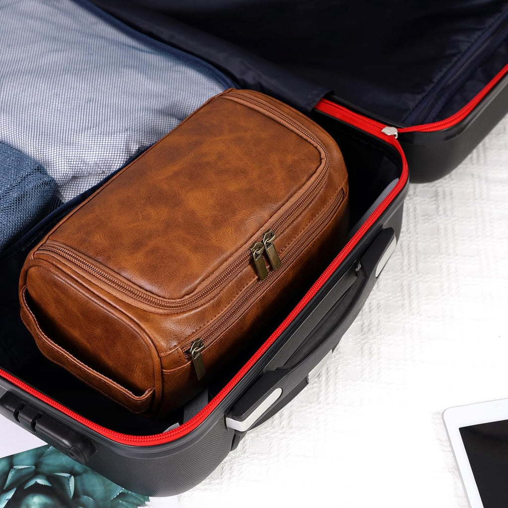 Toiletry Bag for Men, Hanging Travel Shaving Dopp Kit for Men and Women, Water-resistant Toiletries Organizer Bags, PU Leather Cosmetic Bags for Makeup Accessories (Light Brown)