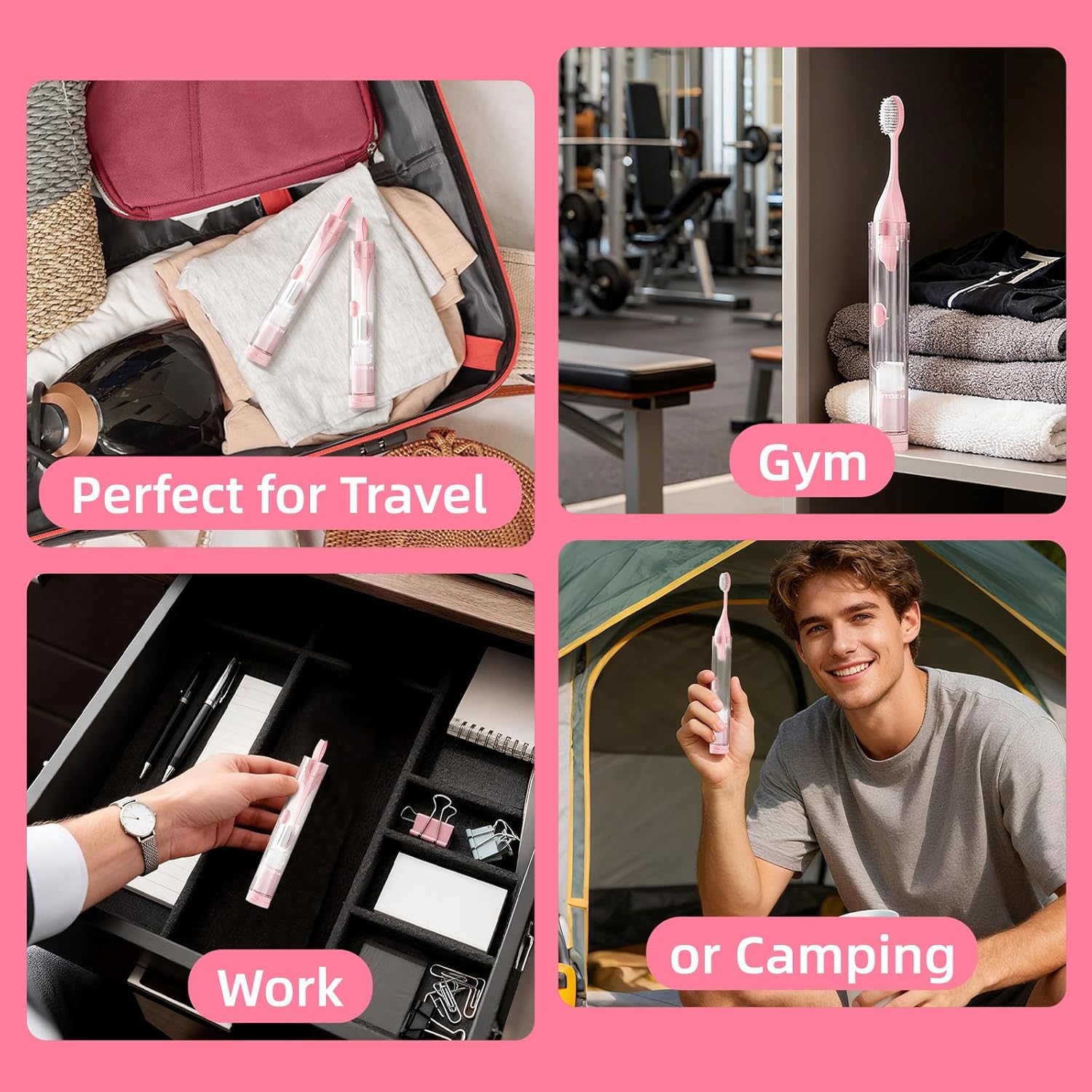 Travel Toothbrush with Built-in Toothpaste Container, Foldable Toothbrush with 2 Soft Brush Head, Portable Reusable Toothbrushes for Business Trips, Camping, Travel Size (Pink)