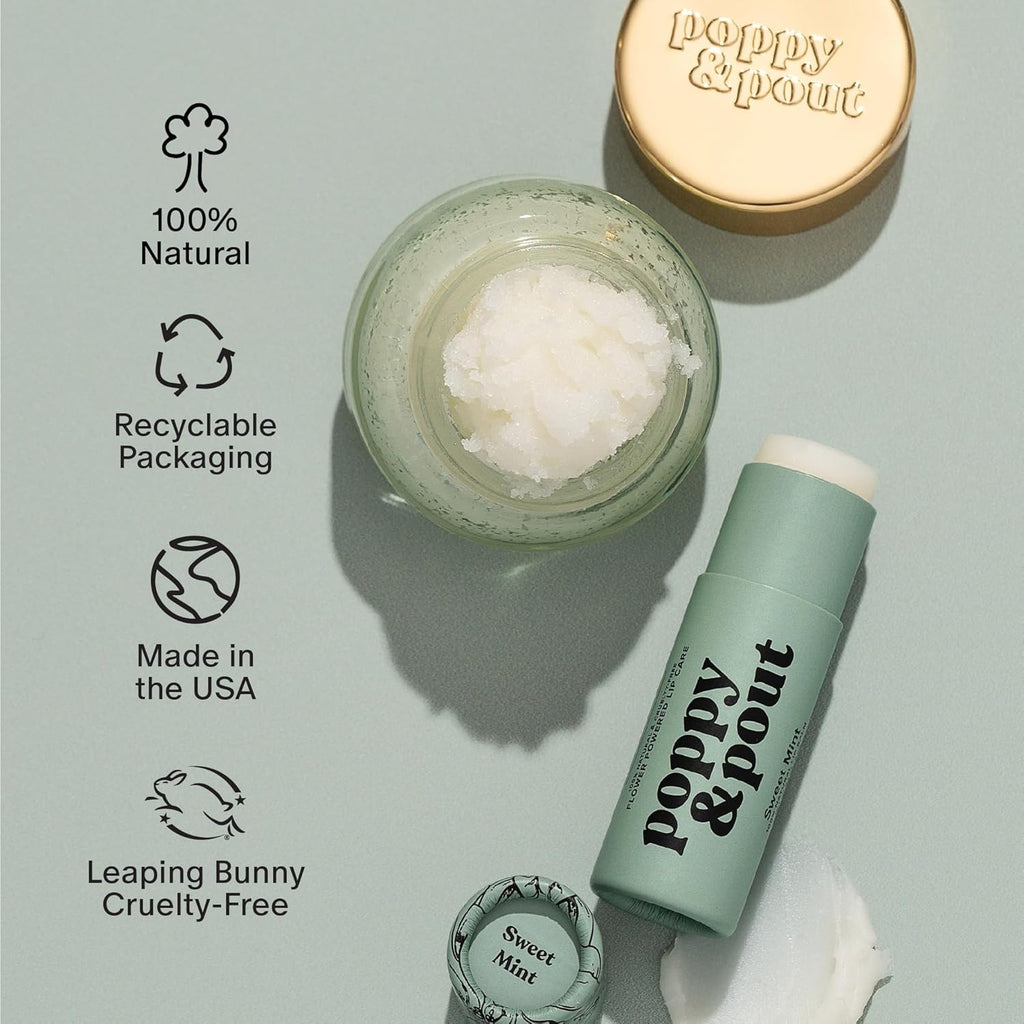 Poppy & Pout Lip Care Set | Lip Balm & Scrub | Sustainable Cardboard Tubes & Glass Jars, All Natural, Beeswax, Coconut Oil, Cruelty Free, Exfoliating & Moisturizing Lip Treatment (Sweet Mint)