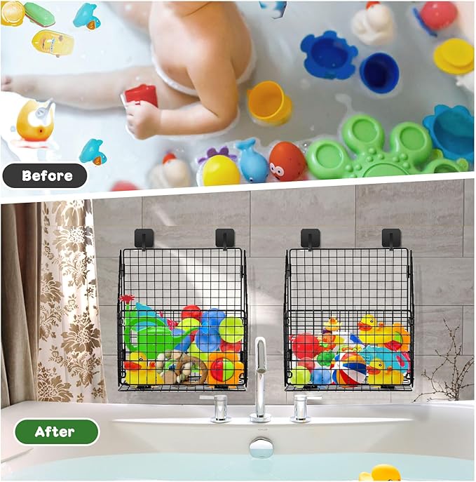 2 Pack Large Bath Toy Storage, Metal Bathtub Shower Toy Holder, Foldable bath Tub Toy Organizers Black, Bathroom Toy Storage with Drainage for Sorting Toys/Clothes/Toiletries