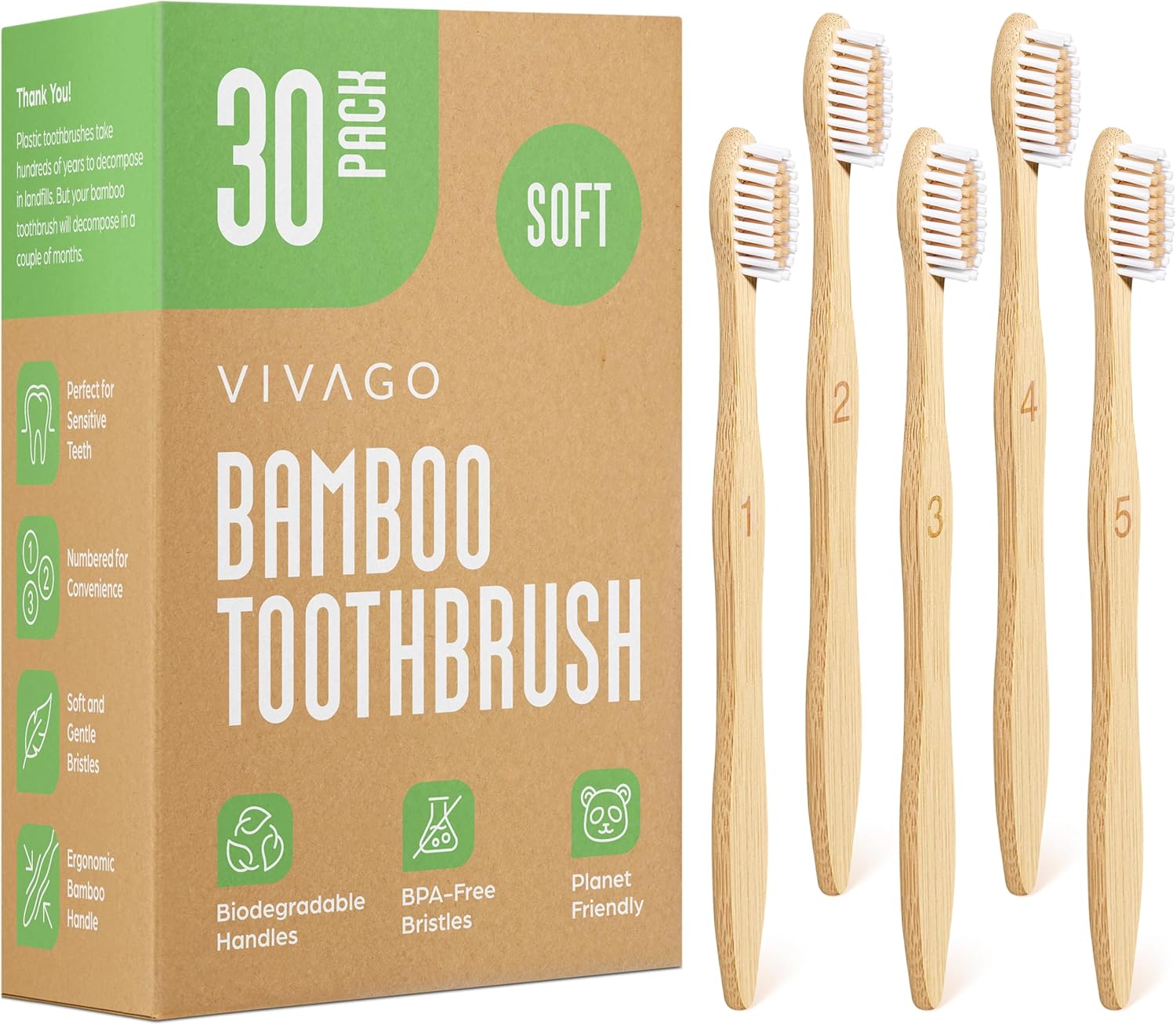 Bamboo Toothbrushes 30 Pack - BPA Free Soft Bristles Toothbrushes, Eco-Friendly, Natural Wooden Toothbrush