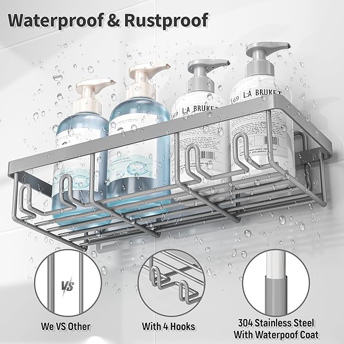 5 Pack Shower Caddy Organizer Rack Shelf for Inside Shower, Self Adhesive Bathroom Wall Storage Basket Rustproof Stainless Steel Large Capacity Shampoo Holder, Grey