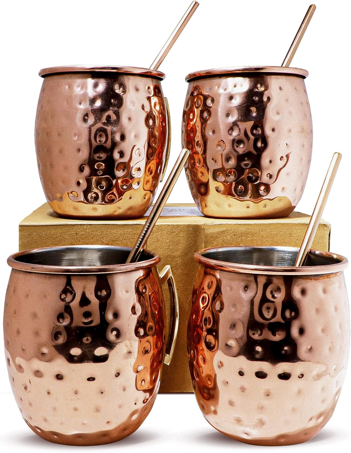 Artisan's Anvil Moscow Mule Mugs with Straws, Comfortable Brass Handle, Stainless Steel Made, Original Hammered Shape, Copper Plated, Set of 4