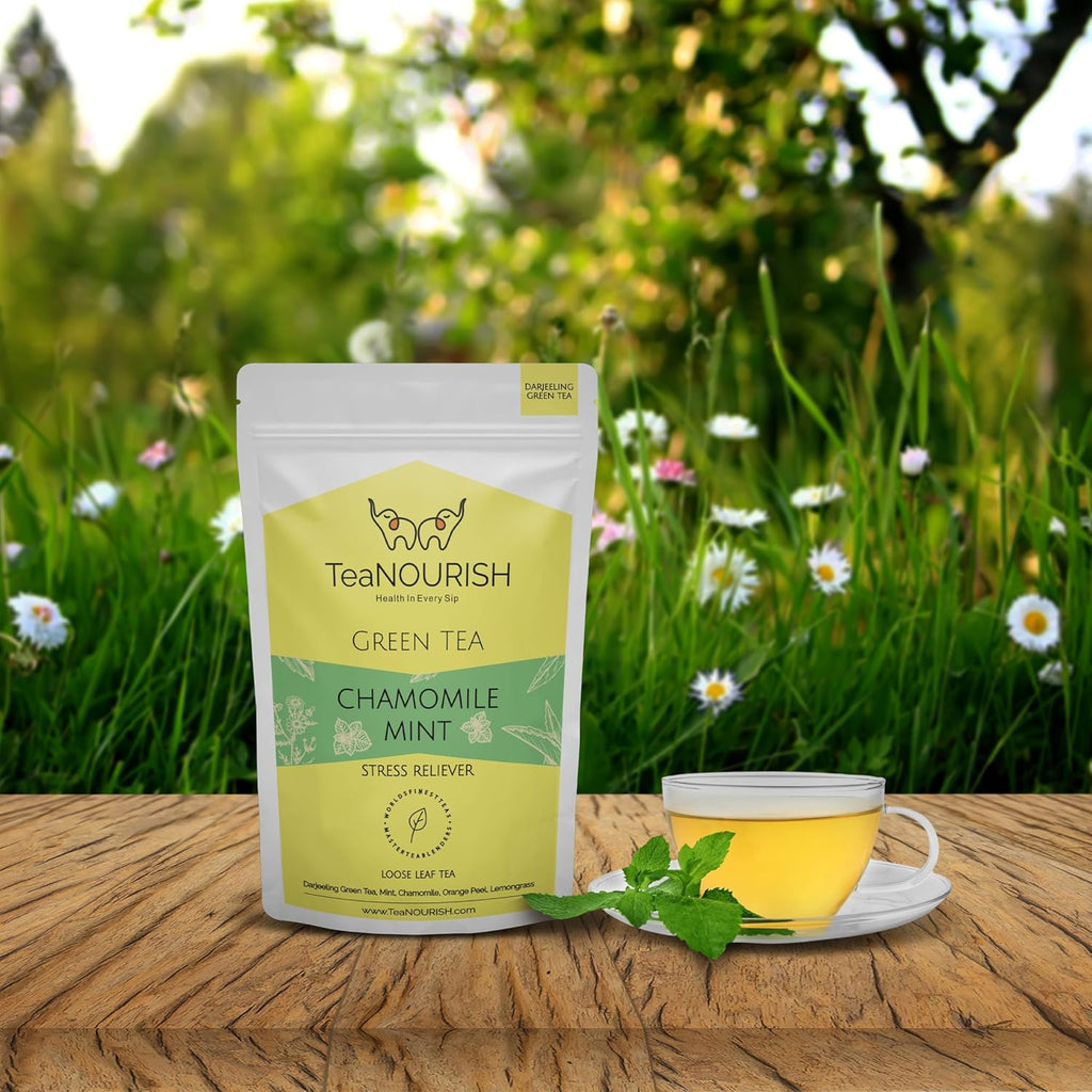 TeaNOURISH Chamomile Mint Green Tea | Darjeeling Loose Leaf Tea | 50 Cups Hot or Iced Tea - 3.53oz/100g (Pack of 2)