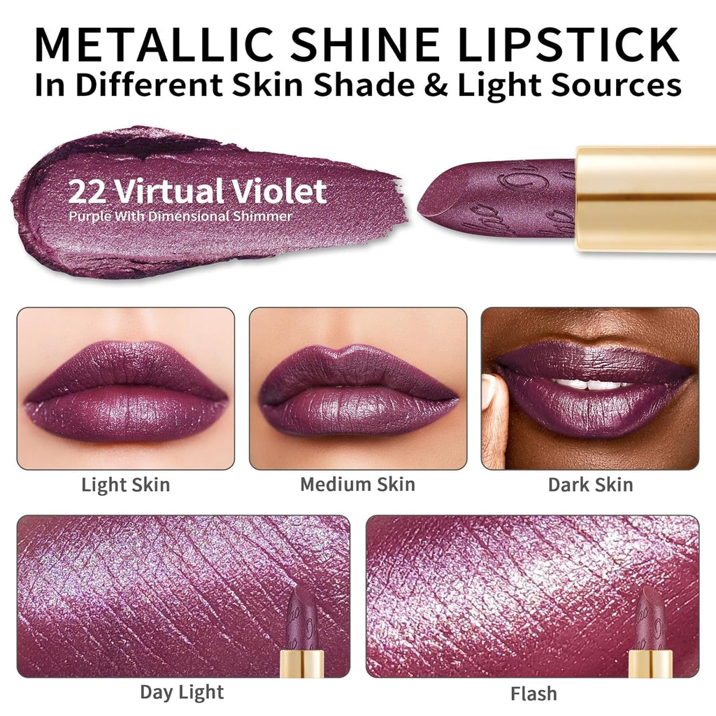 Oulac Purple Lipstick for Women with Metallic 3D Shine Lightweight Hydrating Formula, High Impact Lip Color, Vegan & Gluten Free Beauty, Full Coverage Lip Makeup, Virtual Violet(22)