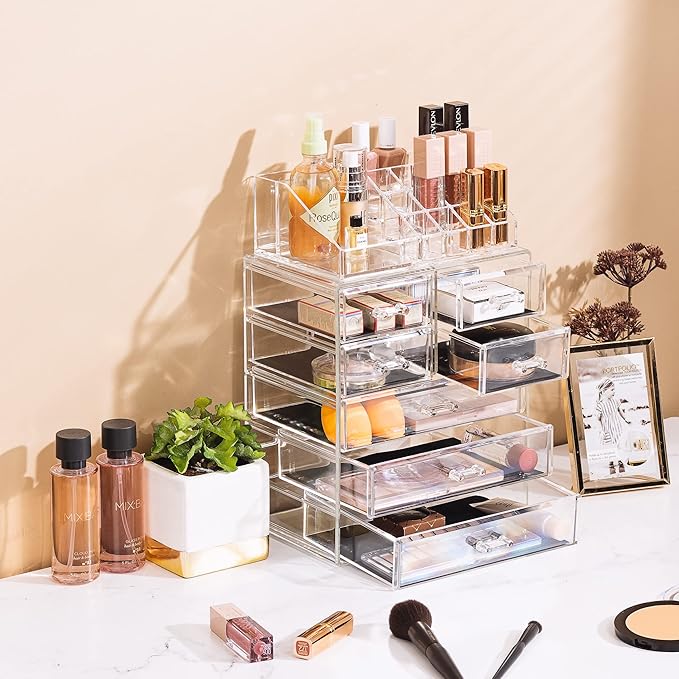 Sorbus Acrylic Makeup Organizer Set, 7-Drawer Vanity & Countertop Cosmetic Storage with Small & Wide Compartments, Clear Makeup Storage for Brushes, Lipsticks, Jewelry – Holiday Gift for Women & Teens