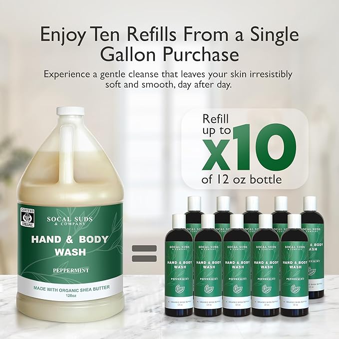 SoCal Suds & Company 128oz Certified Organic Hand & Body Wash w/Shea Butter- Gentle Natural Body,Baby & Face Wash for Sensitive Skin, Moisturizing Thick Castile Soap, Hand Soap and More - Peppermint