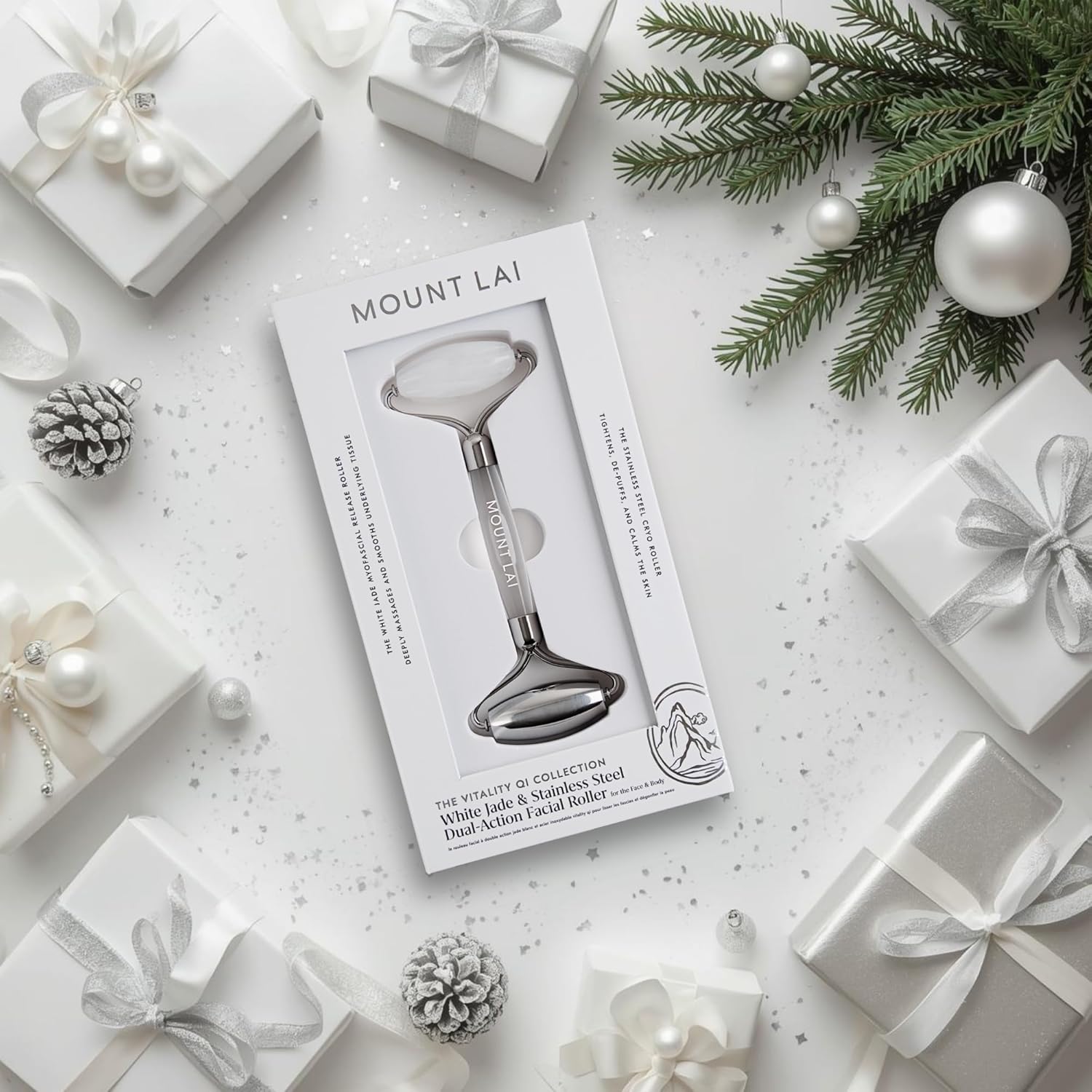 Mount Lai The Vitality Qi White Jade & Stainless Steel – The Stone of Harmony and Clarity, Face Roller for Soothing, Refreshing & Radiant-Looking Skin, Facial Massager Tool for Self-Care Ritual