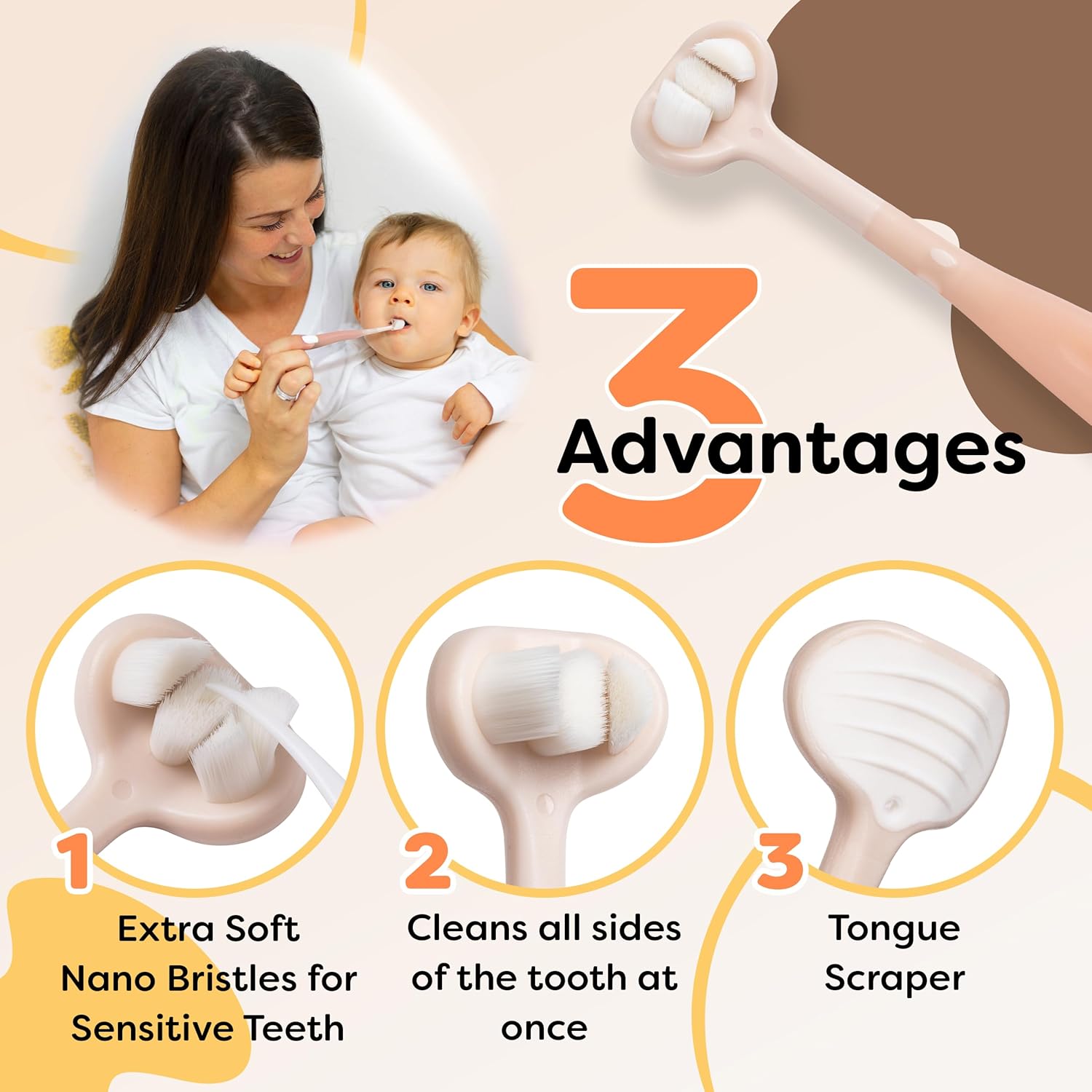 Trueocity Baby Toothbrush 12 Months and Up, Toddler Toothbrush, Extra Soft Toddler Toothbrushes 1-2 2-4, Toothhugger High Efficient 3 Sides,Infant Training Brush, 10,000 Ultra-Soft bristles (Apricot)