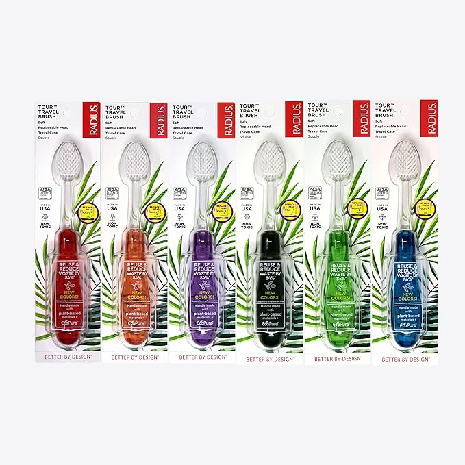 RADIUS Tour Travel Brush & Case with Replaceable Brush Head ADA Accepted Toothbrush Improve Gum Health - Assorted Colors - Pack of 6