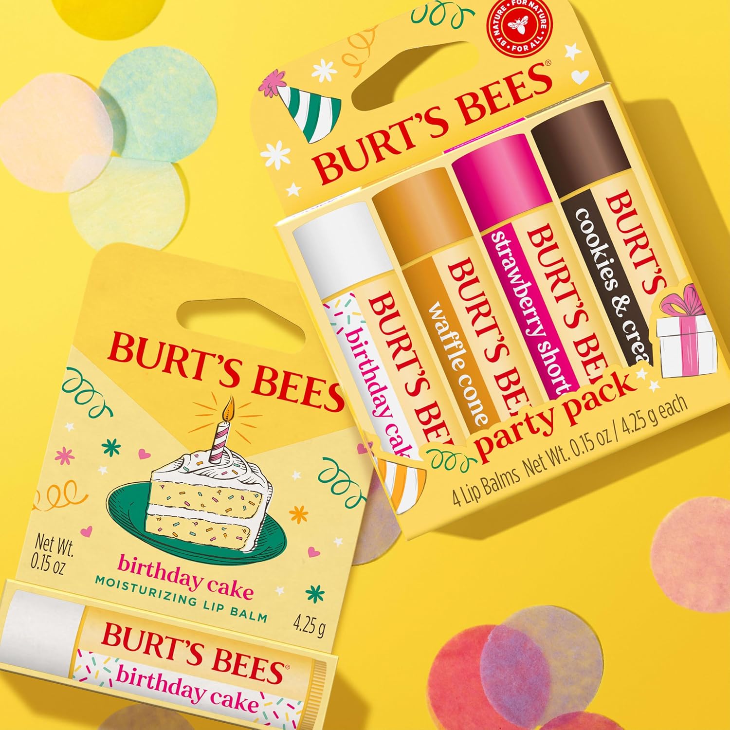 Burt's Bees Lip Balm Party Pack - Birthday Cake, Waffle Cone, Strawberry Shortcake, and Cookies & Cream, All Day Moisturizer, Tint-Free, Natural Origin Conditioning Lip Treatment, 4 Tubes, 0.15 oz.