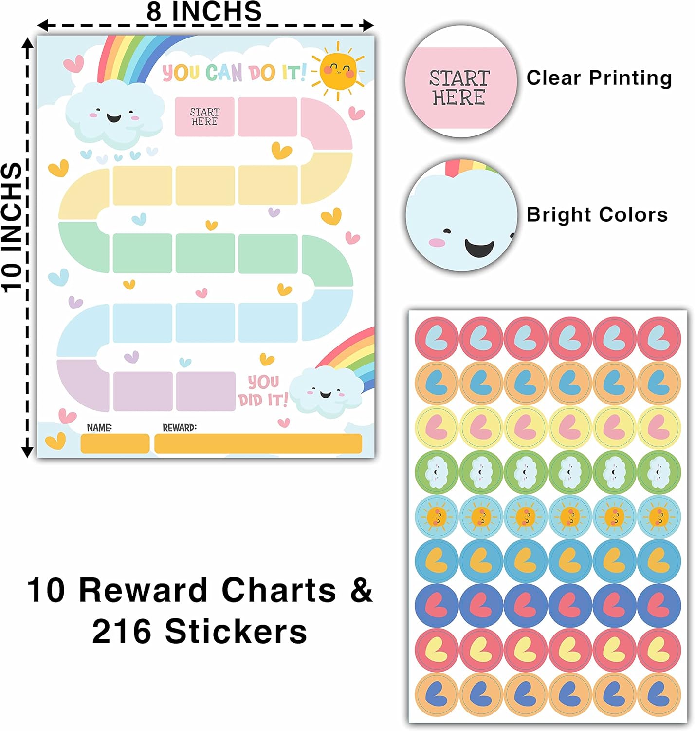 10 Rainbow Reward Chart with 216 Round Stickers, Incentive Behavior Chart for Kids at Home Classroom, Kids Routine Daily Chore Sticker Chart-A16