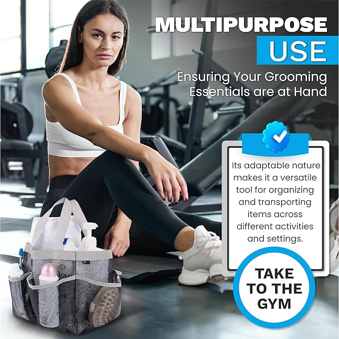 Handy Laundry Mesh Shower Caddy - 7 Pocket Portable Bathroom Organizer Tote for Travel, Gym & Dorm - Collapsible Small Shower Caddy Bag to Hold Toiletries & Essentials (Black)