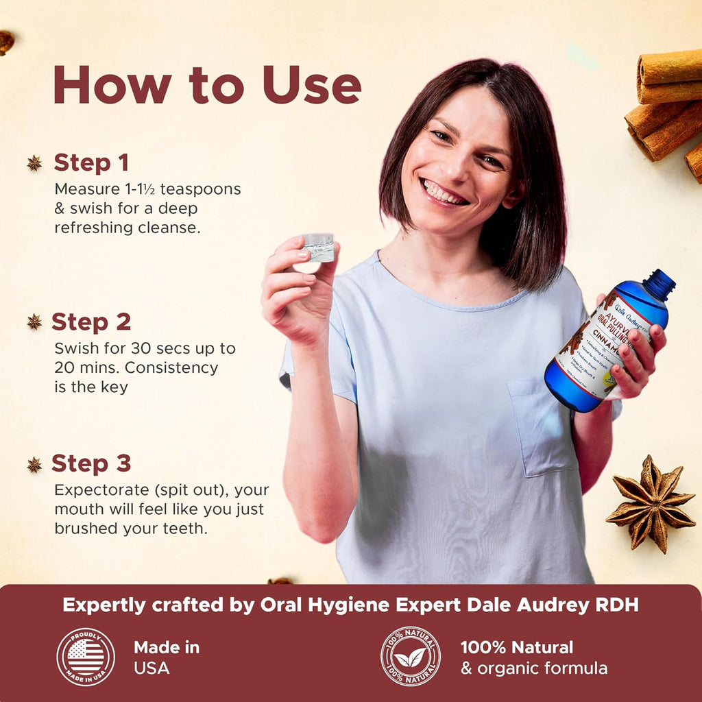 Oil Pulling for Teeth and Gums | Made in USA Cinnamon Flavored Organic Sesame | Ayurvedic Oil Pulling Rinse to Whiten Your Teeth & Freshen Your Breath | Alcohol Free Fresh Breath Mouthwash-8 FL Oz