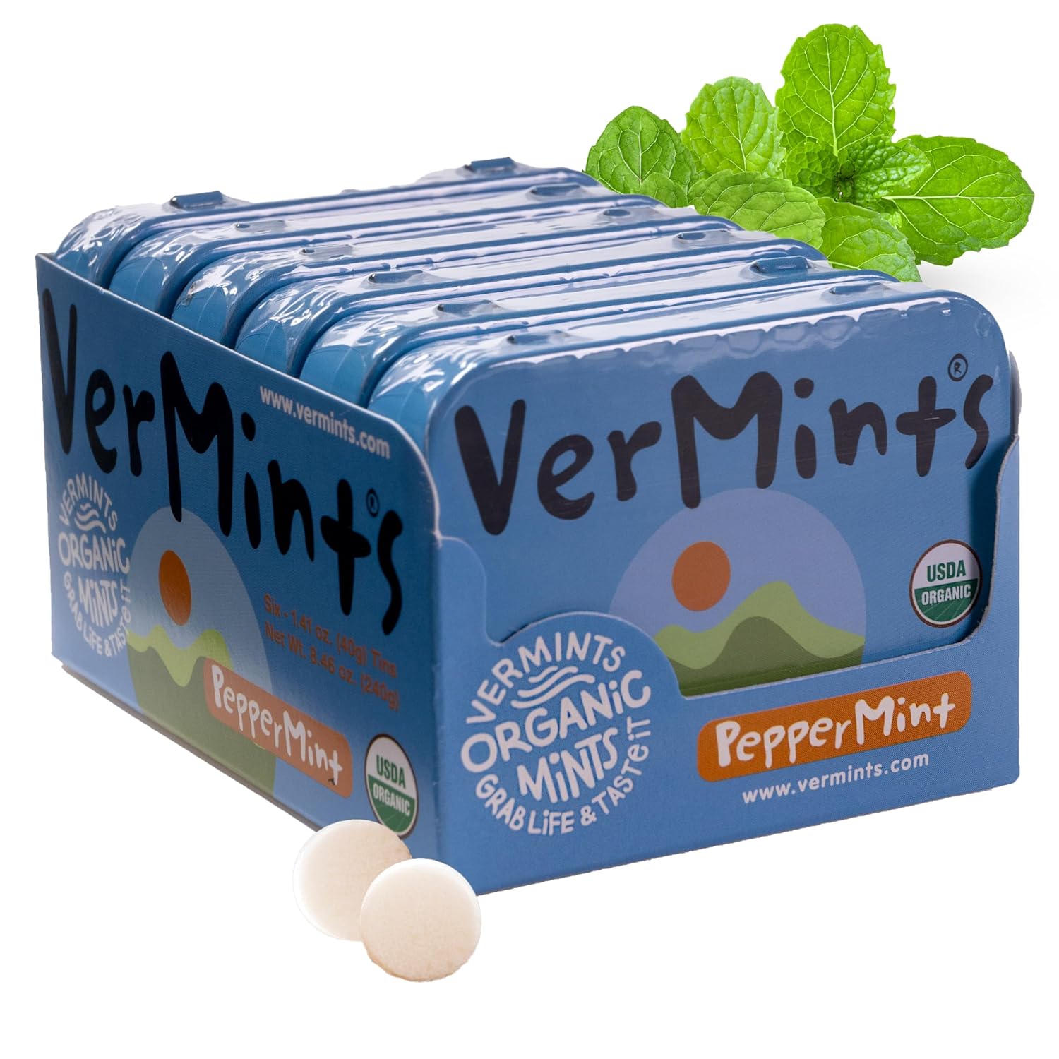 VerMints Organic Breath Mints PepperMint Candy Mints for Real Long-Lasting Flavor, Travel Size Tin - Non-GMO, Nut Free, Gluten Free, Vegan, Kosher Peppermints - 1.41oz Tins (Pack of 6)