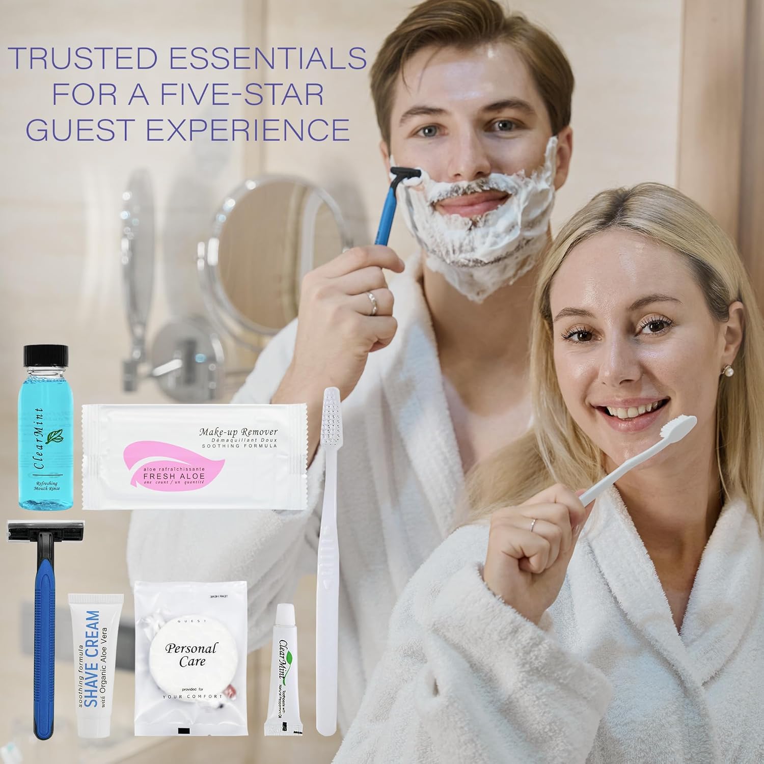 Personal Care Travel Toiletries | 1-Shoppe Amenities Kit | Travel Shaving Set, Toothbrush & Paste, Mouthwash, Makeup Wipes, Swabs, Nail File & Sewing Kit | 150 Pieces