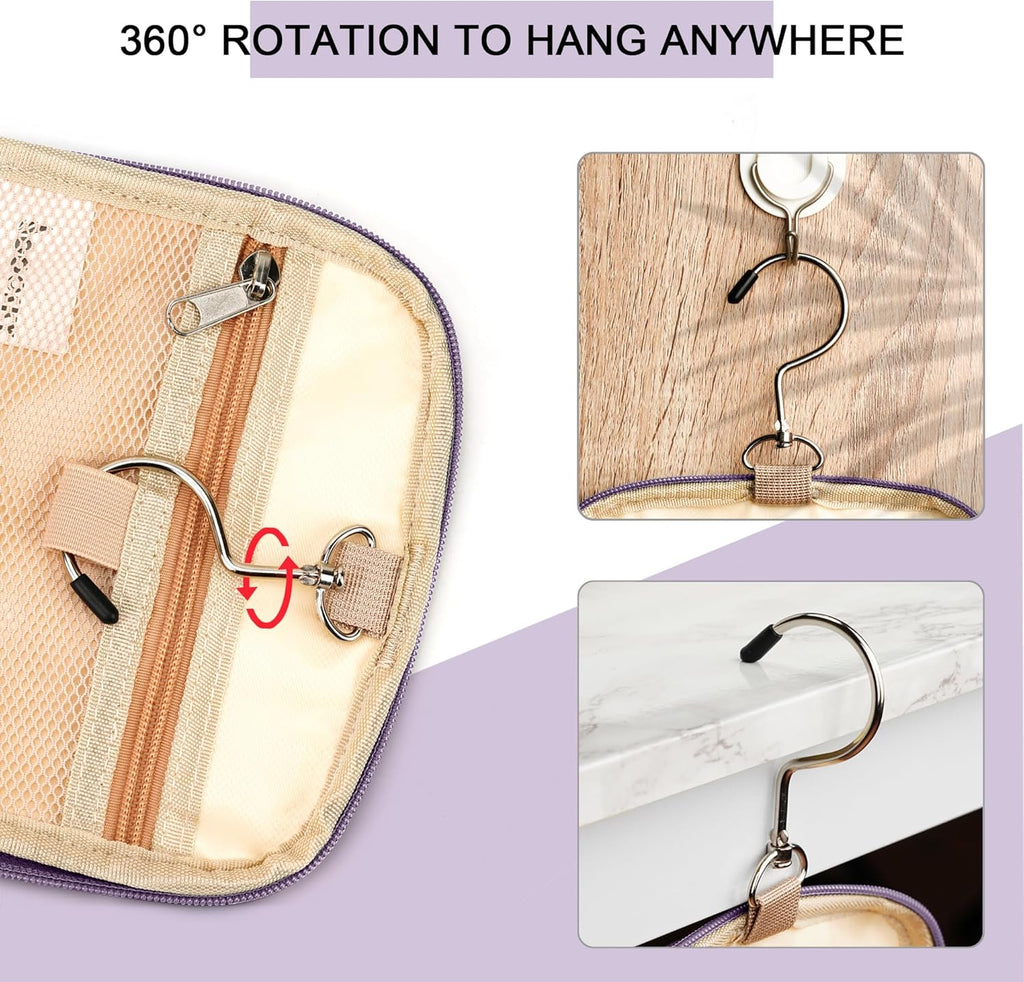 Travel Hanging Toiletry Bag for Women and Men, 6 Organizer Compartments, Holds Full Size Bottles, Extra Large Cosmetic Accessories, Makeup essentials, Bathroom Water-resistant Toiletries Bag, Purple