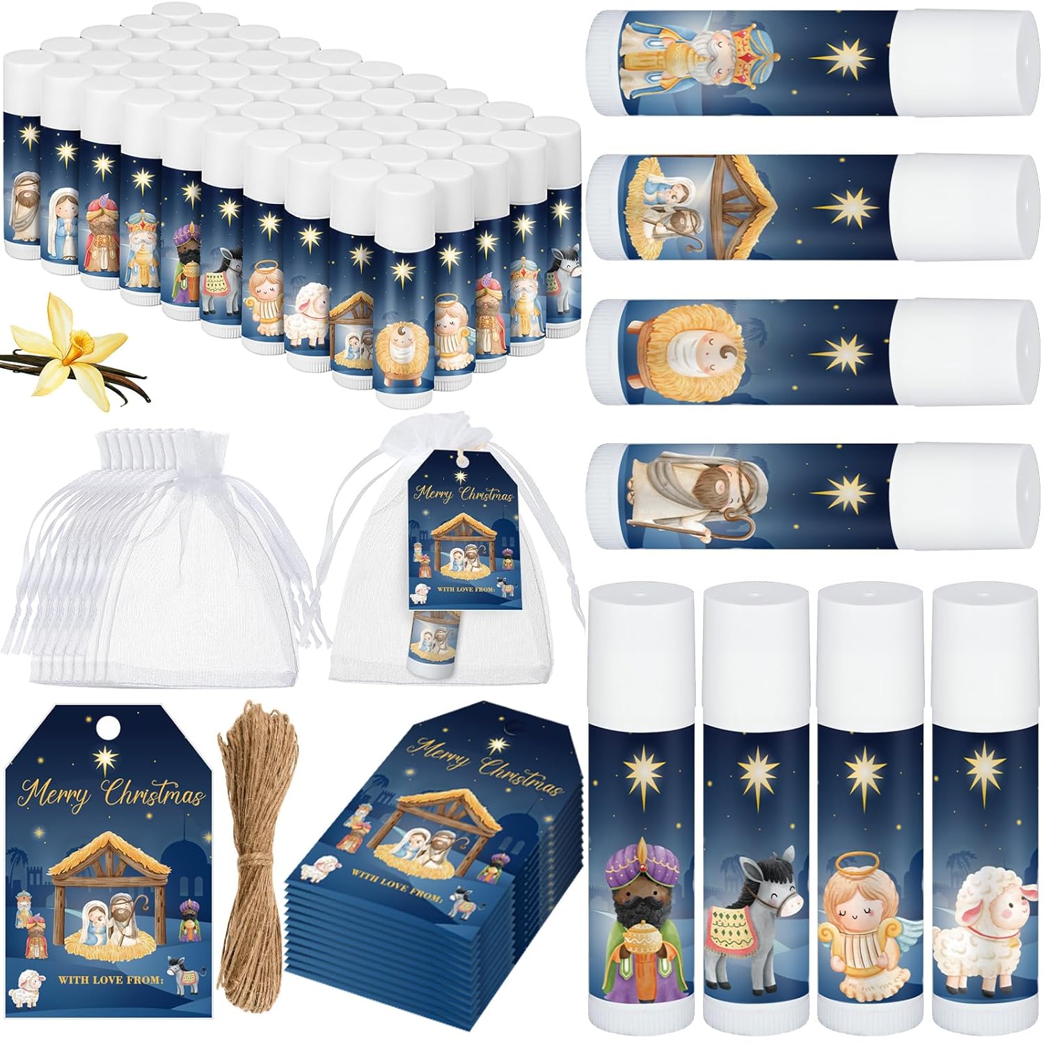 Dunzy 50 Sets Nativity Lip Balm Bulk Christian Religious Moisturizing Lip Balms Holiday Treat Gifts Favors with 50 Organza Bags 50 Tags for Women Christmas Stocking Stuffers Party Supplies