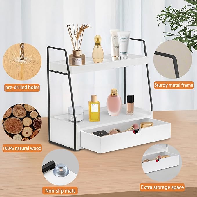 2-Tier Bathroom Organizer Countertop with Drawer, Wood Counter Organizer for Bathroom Decor, Sink Shelf for Vanity Storage, Makeup Tray for Perfume Skincare Bedroom Kitchen Corner