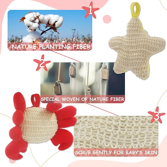 (2 Pack) Animal Body Scrubber Natural Linen Shower Ball for Toddler Kids Gentle Exfoliating Bath Sponge Loofah Pouf in Yellow Starfish Red Crab with Cute Big Eyes Design