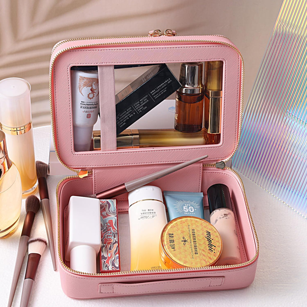 SANHECUN Clear Travel Toiletry bag Toiletry Case Carry on Travel Accessories Bag Makeup Bag Dimensions | LxWxH:9” x 6” x 4.2” (Pink, SHC-TL-2)