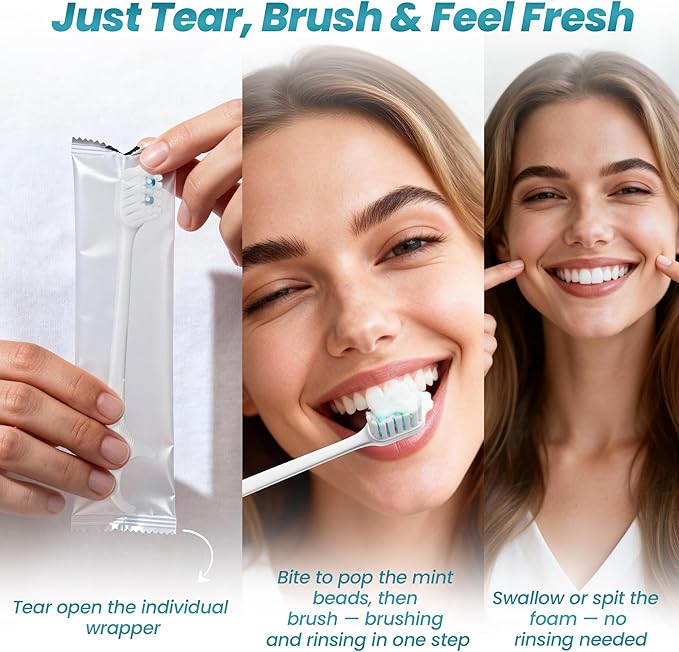 Pinkart Mini Disposable Toothbrushes with Toothpaste, Pre-Pasted Travel Toothbrush with 2 Mint Beads, Individually Wrapped Single-Use Toothbrush for On-The-Go & Travel (48 Count)