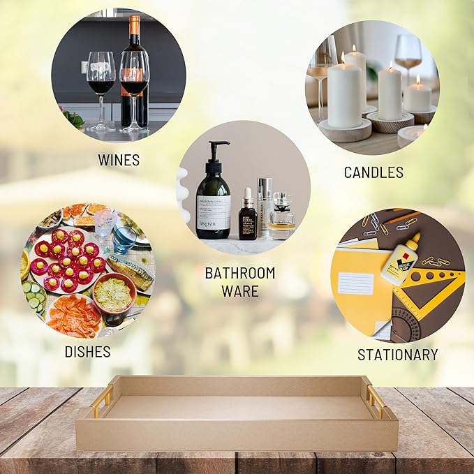 17" x 12" Wood Serving Tray with Gold Polished Metal Handles, Home Decorative Wooden Rectangle Ottoman Leather Decor Platter Bathroom Vanity Tray for All Occasions Khaki