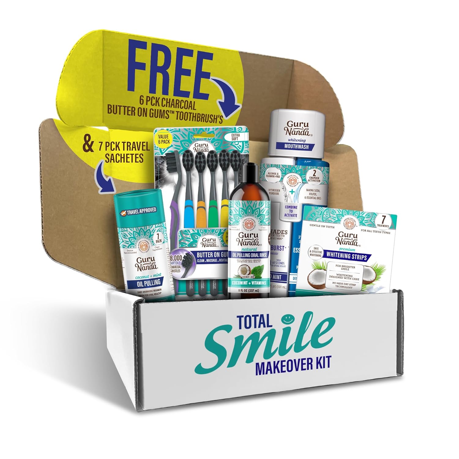 GuruNanda Total Smile Makeover Kit Charcoal with Cocomint Oil Pulling, Dual Barrel Whitening Mouthwash, Whitening Strips & Charcoal Butter on Gums Toothbrushes