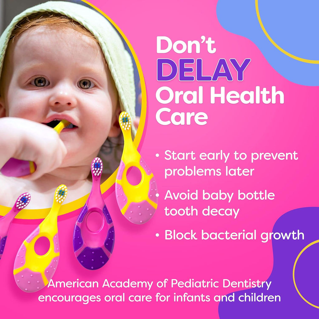 Baby Toothbrush 12 months and up - Toddler Toothbrush - Soft Bristles - Child Sized Brush Heads - Infant toothbrush - Kids Tooth Brush - Easy Storage - Girl Set (4-Pack, Pink & Purple - Color)