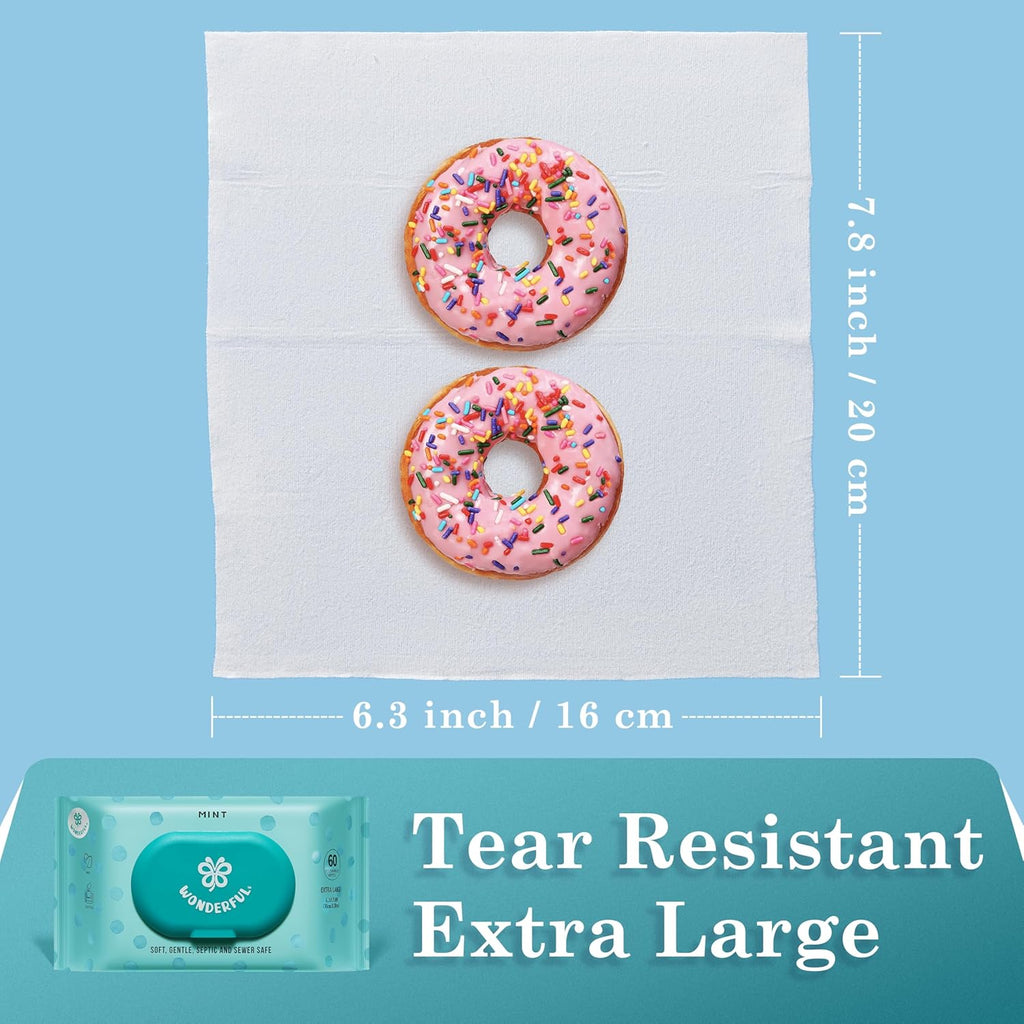 WONDERFUL Flushable Wipes, Mint 100% Plant-Based Wet Wipes for Adults & Kids, Sewer & Septic Safe, Gentle for Sensitive Skin, Wipes Flushable Pack for Bathroom & Travel, 3-Pack (180 Counts)