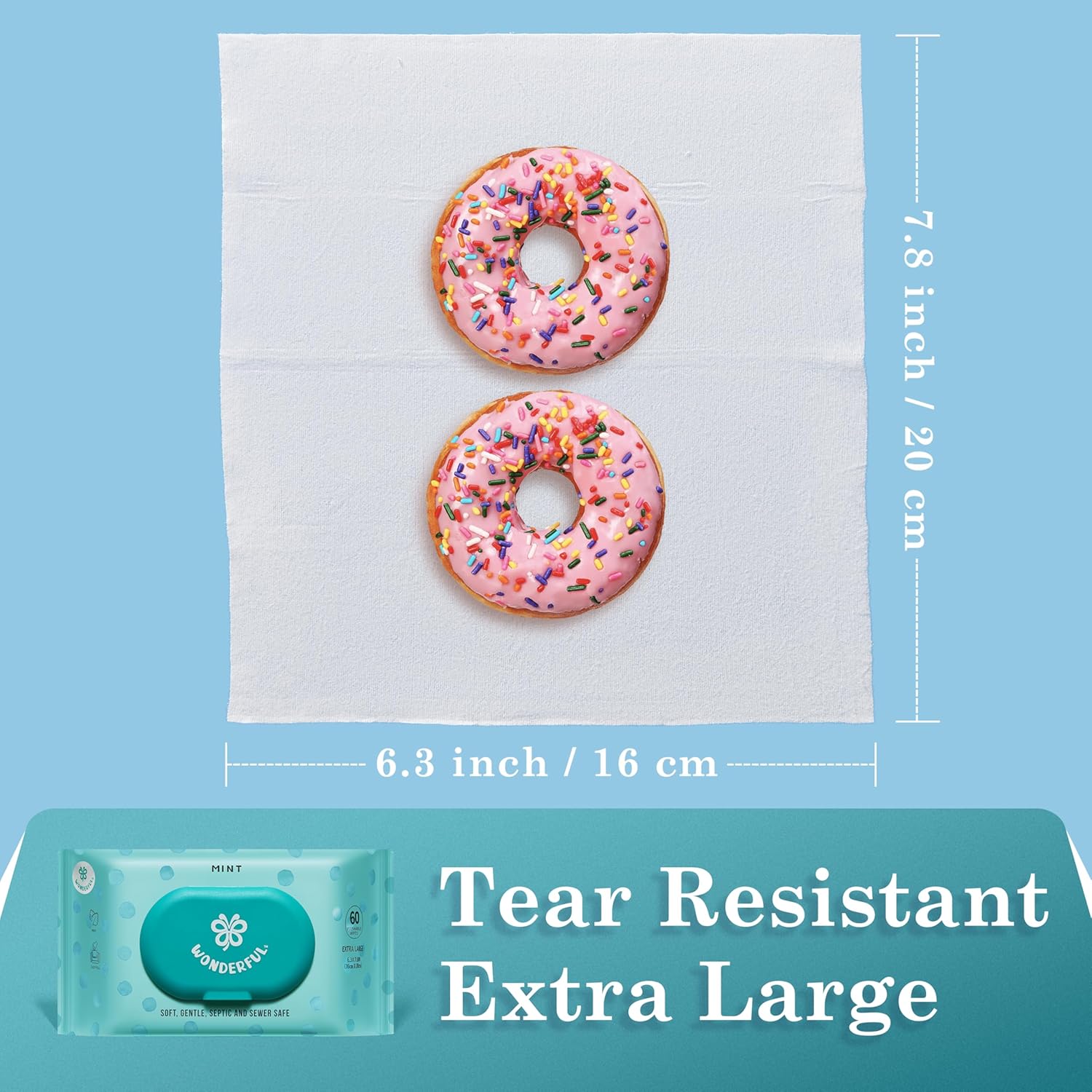 WONDERFUL Flushable Butt Wipes, Mint 100% Plant-Based Wet Wipes for Adults & Kids, Sewer & Septic Safe, Gentle for Sensitive Skin, Wipes Flushable Pack for Bathroom & Travel, 1-Pack (60 Wipes)