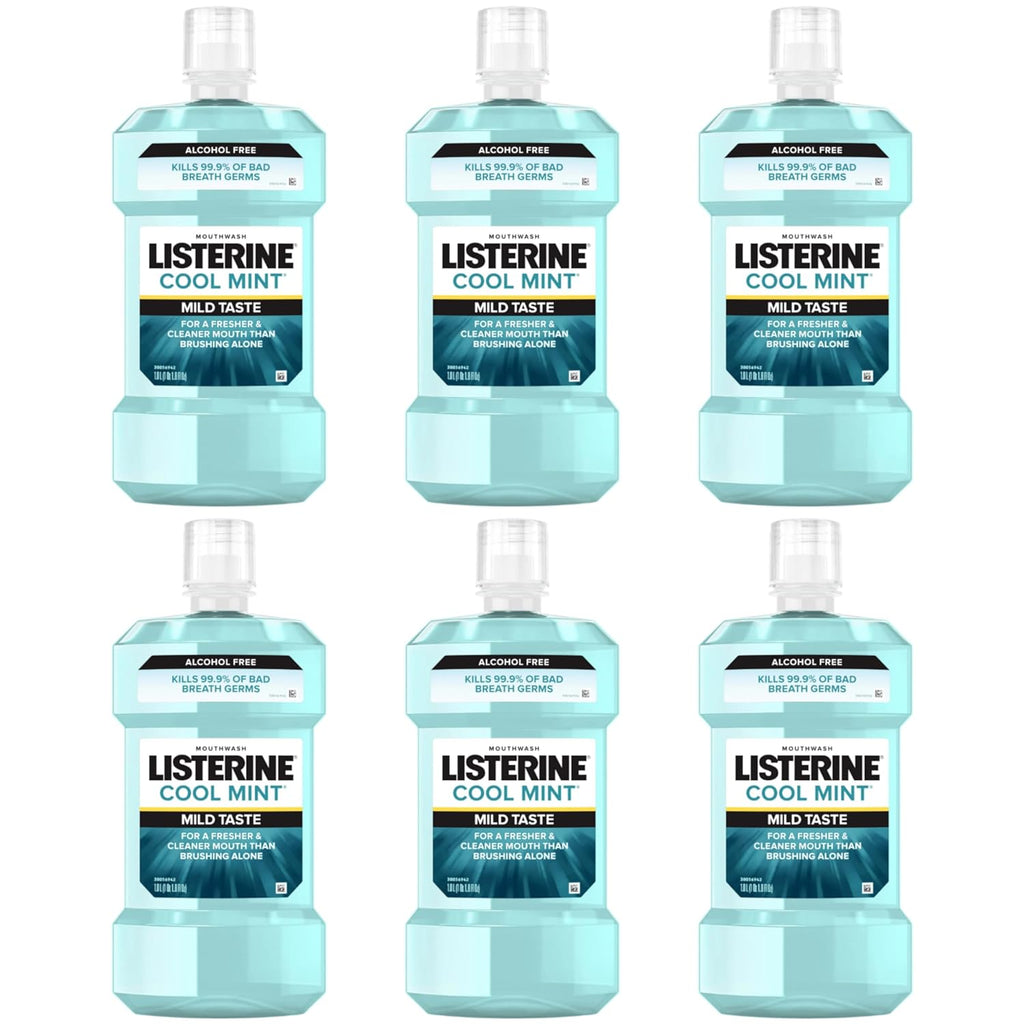 Listerine Cool Mint Alcohol Free Mouthwash, Bad Breath Germ Killing, Bad Breath Treatment Oral Rinse for Adults; Cool Mint Flavor, 500 mL, 6 Pack