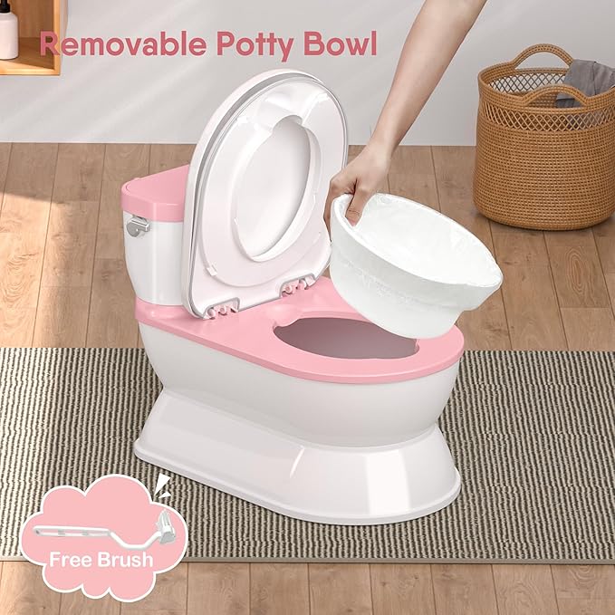 2-in-1 Toddler Potty Training Toilet - Larger Potty Chair & Detachable Training Seat for Boys & Girls Ages 1-3 with Flushing Sound, Wipes Storage, Toilet Paper Holder - Pink