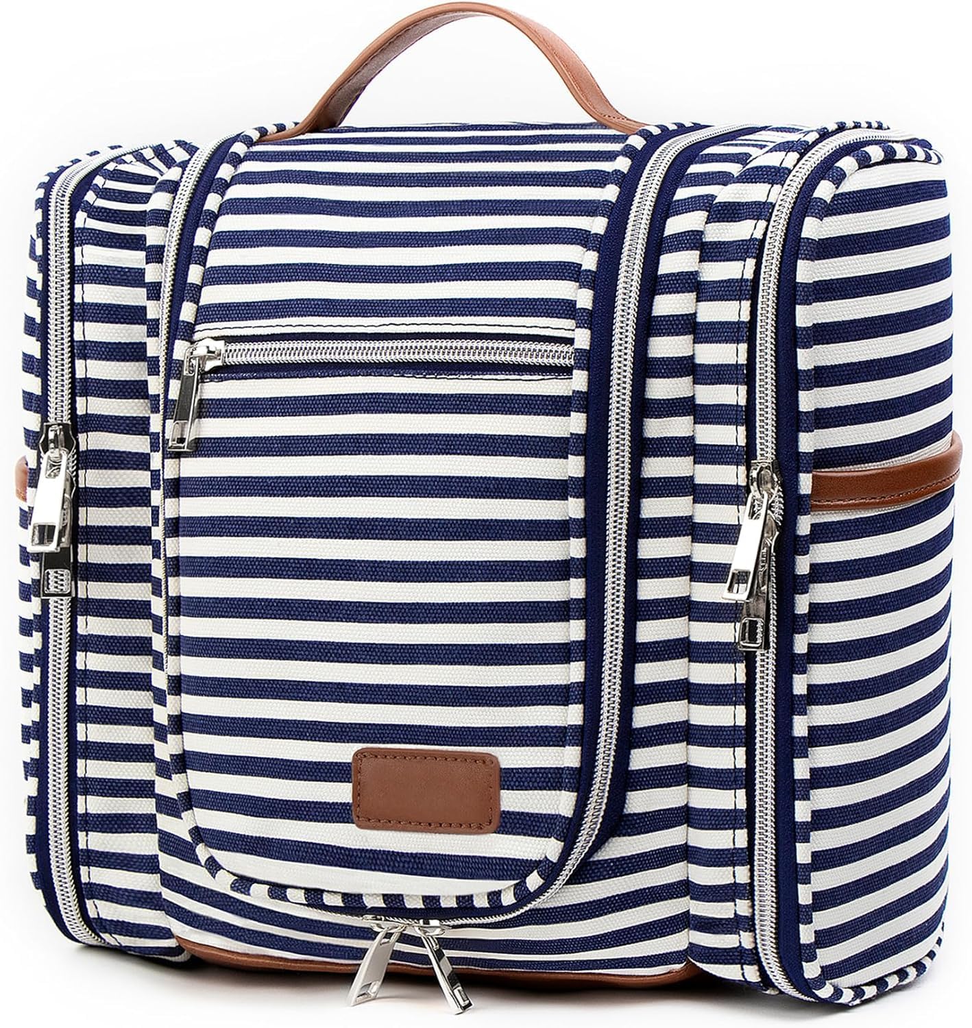 Pearl Angeli Hanging Toiletry Bag for Women, Large Makeup Cosmetic Bag, Water Resistant Toiletries Travel Essentials Organizer, Full-size Container, Navy-striped