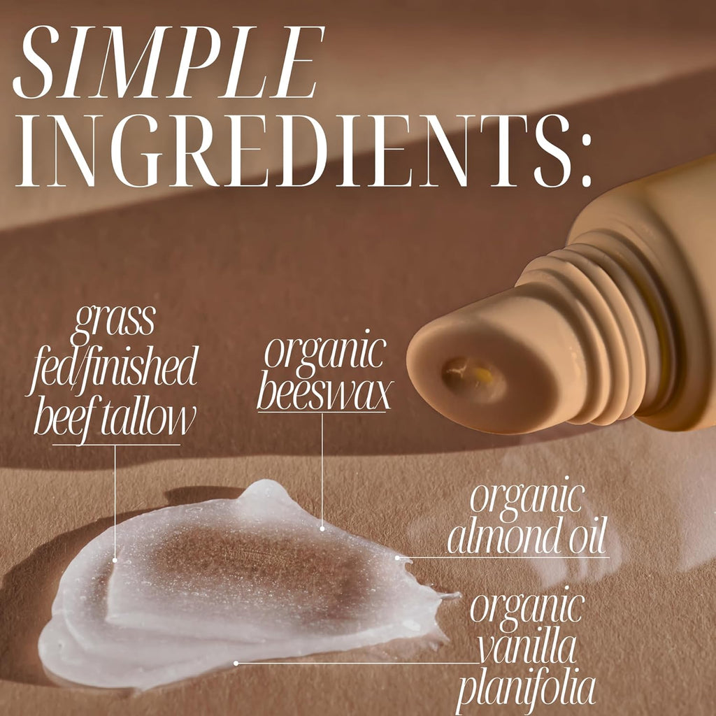 Amallow All Natural Tallow Lip Balm Squeezable Tube - Grass Fed/Finished Beef Tallow + Organic Beeswax & Vanilla Essential Oil .5 OZ (Vanilla Dream)