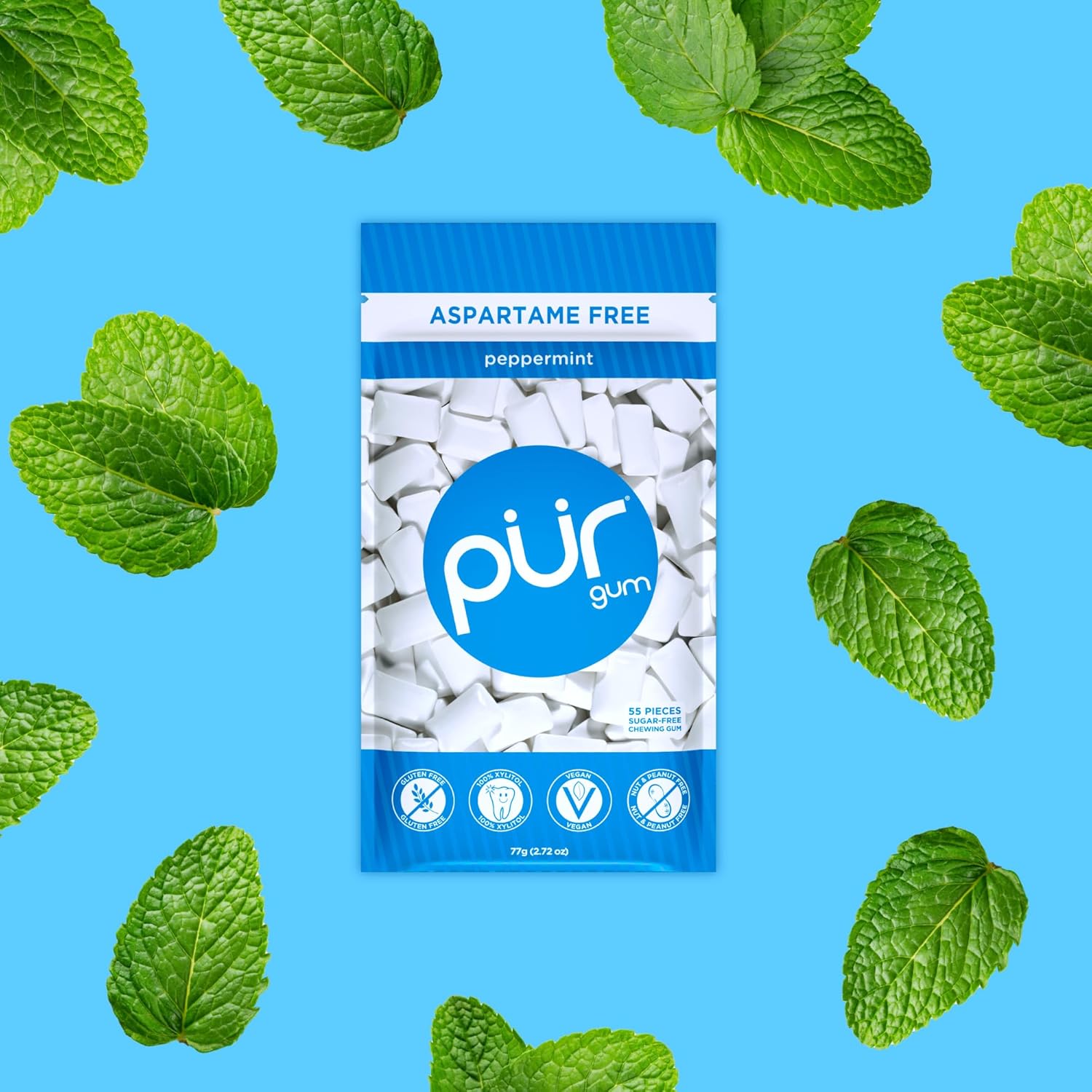 PUR Gum | Aspartame Free Chewing Gum | 100% Xylitol | Natural Peppermint Flavored Gum, 55 Pieces (Pack of 12)