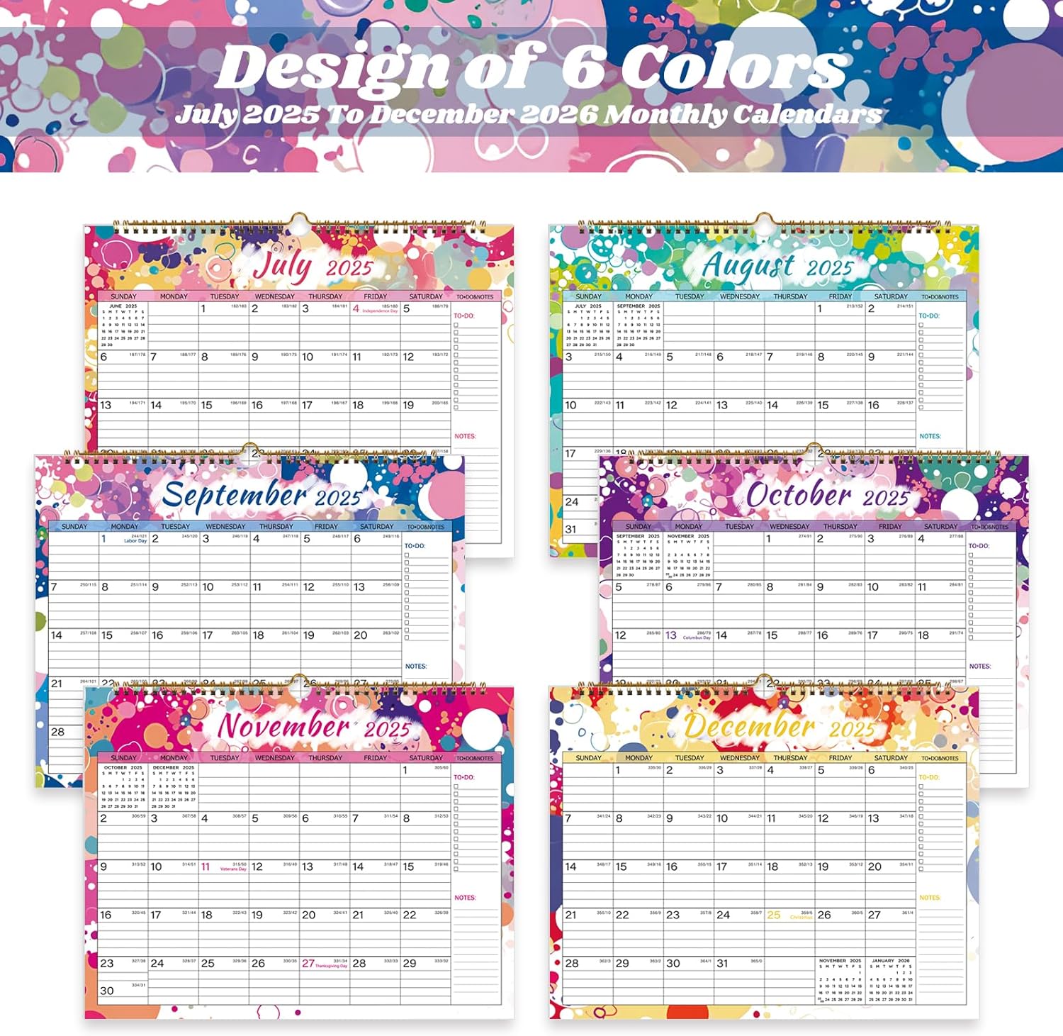 2025-2026 Wall Calendar, Calendar 2025-2026, 18 Month Calendar July 2025 - December 2026, 14.8" X 11.5", Calendar with Twin-Wire Binding, Hanging Hook and Julian Dates (Multi Colorful)