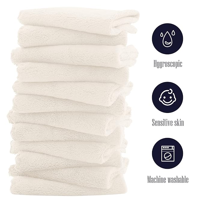 16 Pack Baby Washcloths - Luxury Coral Fleece - Extra Absorbent and Soft Wash Clothes for Newborns, Infants and Toddlers - Suitable for Sensitive Skin and New Born - Baby Shower - Cream, 10x10 Inch