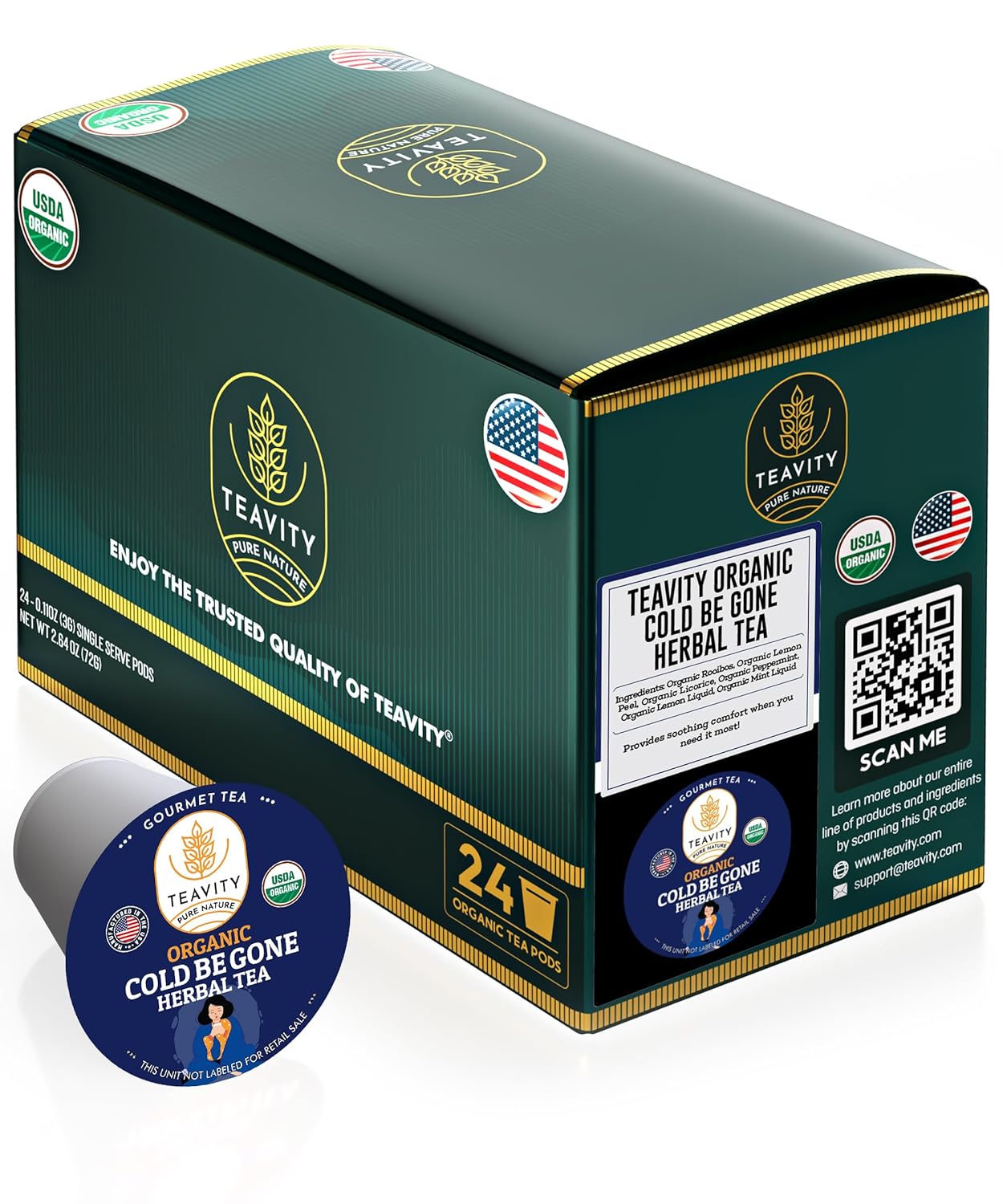 Organic Rooibos Tea Pods for Keurig with Lemon, Mint, Licorice - Unsweetened Decaf Tea for K Cup Brewing - Cold- Be-Gone by Teavity (24 Tea Pods)