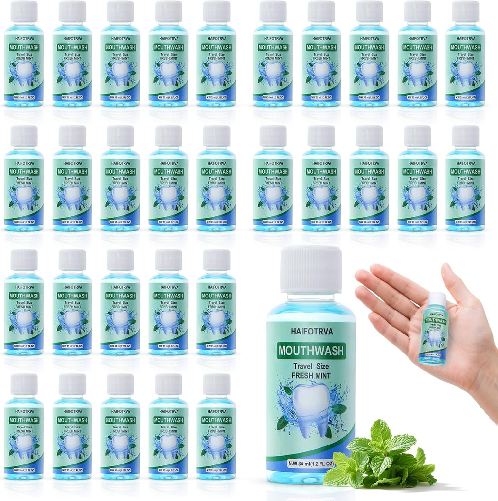25 Pcs Mini Mouthwash Travel Size Bulk,Blue Portable Mint Flavor Mini Mouthwash Individual 35ml/1.2oz On The Go Mouth Wash Small Bottle for Travel,Office,Toiletry Kits