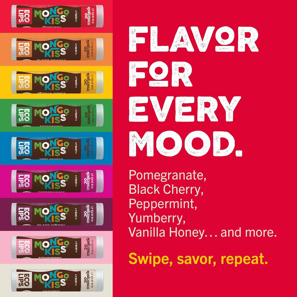 Eco Lips Mongo Kiss Organic Lip Balm 4 Pack Peppermint, Pomegranate, Vanilla Honey, Black Cherry - 100 Percent USDA Organic - Soothe, Moisturize Dry, Cracked and Chapped Lips - Made in USA