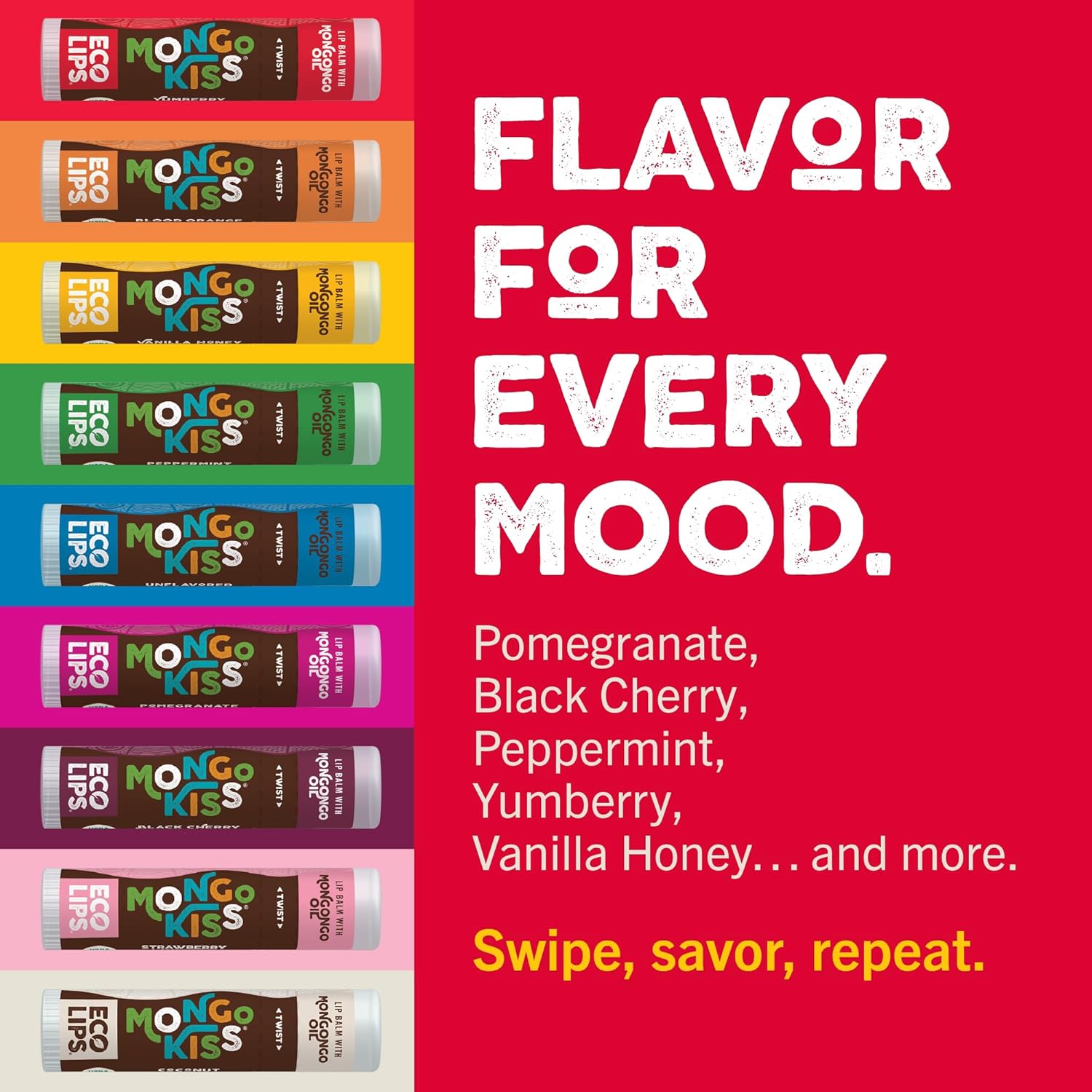 Eco Lips Mongo Kiss Organic Lip Balm 7 Pack - Blood Orange, Black Cherry, Pomegranate, Vanilla Honey, Peppermint, Strawberry Lavender, Yumberry | Mongongo Oil to Soothe & Moisturize Dry, Cracked Lips