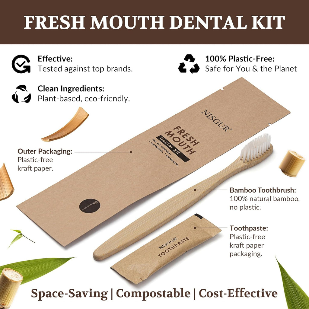 Disposable Toothbrush with Toothpaste Kit 100 Pack Bamboo Toothbrush with Pre-Pasted Set Eco and Non Plastic Individually Wrapped Hotel Supplies and Toiletries for Guests